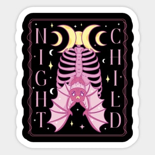 A bat hangs from a rib cage under the triple moon with the words night child occult witchcraft design Sticker